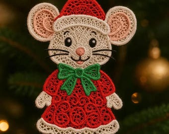 Christmas Mouse Lace Ornament – FSL Embroidery Design (Digital Download)