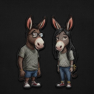 May include: Embroidered patches featuring cartoon donkeys. One donkey wears glasses, a gray t-shirt, blue shorts, and red sneakers. The other donkey has long black hair, a gray t-shirt, blue jeans, and red sneakers. Both have brown ears and noses.