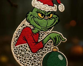 Grinch Christmas Ornament Embroidery Design, Lace Applique File (Digital Download)