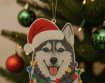 Husky Dog Christmas Ornament | Free Standing Lace Embroidery Design | Holiday Lights Santa Hat Pattern
