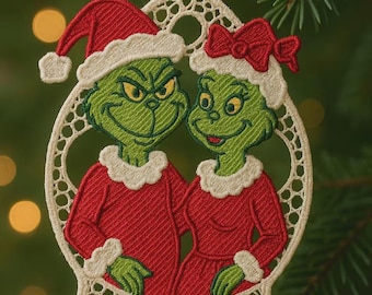 Grinch Couple Christmas Ornament Embroidery Design, Lace Frame FSL (Digital Download)