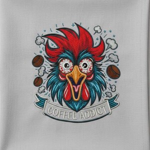 Motif de broderie coq Coffee Addict, poulet sarcastique (pes, dst, exp, hus, jef, vp3, art)