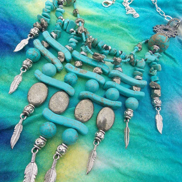TURQUOISE Statement necklace pyrite gemstone jewelry tribal spiritual necklace silver and turquoise necklace bib necklace one of a kind