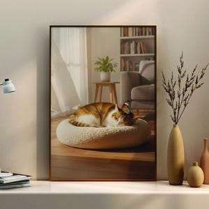 Digital väggkonst för katt - Söta drömmar, liten katt med fjäril
