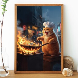 Digital väggkonst för katt - Orange kattkock som lagar mat och stormar sitt stekta ris!