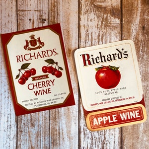 Pair of Richard&#39;s Wine Labels - New Old Stock - NOS Beverage Labels - Cherry Wine, Apple Wine