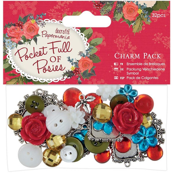 Papermania Pocket Full of Posies Charm Pack - Christmas Buttons, Charms, Resin Flowers, Embellishments