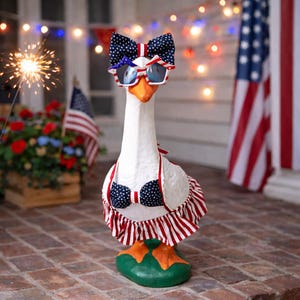 Patriotic Goose Outfit – Red White Blue 4th of July Goose Clothes, Star Sunglasses, Bow
