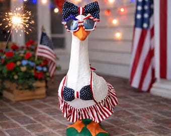 Patriotic Porch Goose Outfit – 4th of July Goose Clothes – Red White Blue Goose Decor – Fits 23"-28" Goose