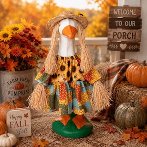 Sunflower Scarecrow Goose Outfit | Patchwork Dress, Straw Hat, Fall Porch Decor (Fits 23"-28")