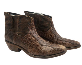 Women's Western Ankle Boots Brown Croc Embossed Leather Made Portugal 39 US 8.5
