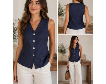 Giorgio Sant'Angelo Vest Navy Blue Linen Rayon Blend Tailored Minimalist L Vtg