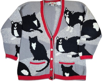 Vintage 90er Jahre Katzen Print Strickjacke Pullover Cardigan Bay Neuheit Cottagecore Medium