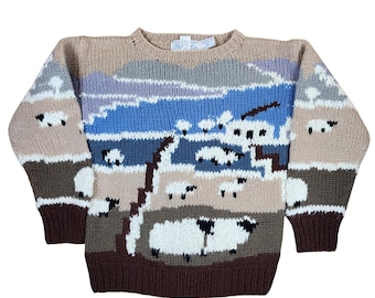 Robert Scott Ltd. Sweater Sheep Landscape Hand Knit Wool Mohair Vintage Style S