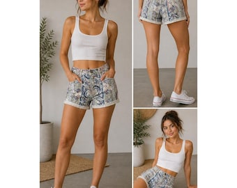 Pantalones cortos Vivaldi con estampado floral geométrico estilo suroeste, de mezclilla estilo boho, 25 Vtg