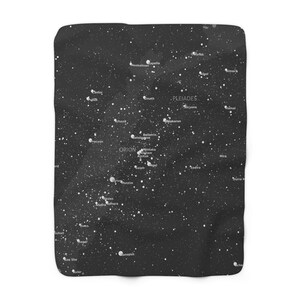 May include: A black and white sherpa blanket featuring a star map design. The blanket displays constellations such as Orion and Pleiades, with white text labeling stars. The background is a dark, speckled pattern.