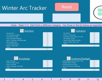 Può includere: Un Winter Arc Tracker turchese con sezioni per fitness, nutrizione e salute mentale. Il tracker include caselle di controllo e suggerimenti per l'impostazione degli obiettivi. Il logo Bright Cells si trova nell'angolo in alto a destra.
