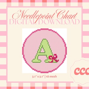 May include: A digital download needlepoint chart featuring a pink circle with a green letter "A" and a red bow. The chart measures 3.1" x 3.1" and has 18 mesh. The background is a pink and white gingham pattern.