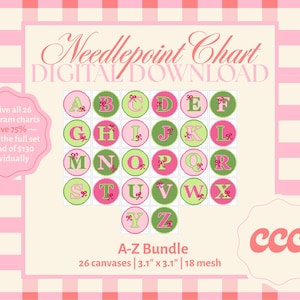 Könnte beinhalten: Digitaler Download eines Gobelin-Charts A-Z-Bundle. Jeder Buchstabe befindet sich in einem rosa oder grünen Kreis mit einer Schleife. Die Leinwände sind 7,9 cm x 7,9 cm und 18 Mesh. Der Hintergrund ist rosa und weiß kariert.