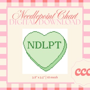 May include: A digital download of a needlepoint chart. The design features a pixelated green heart with the letters "NDLPT" in green. The heart measures 3.8" x 3.5" and is on 18 mesh. The background is a pink and white gingham pattern.
