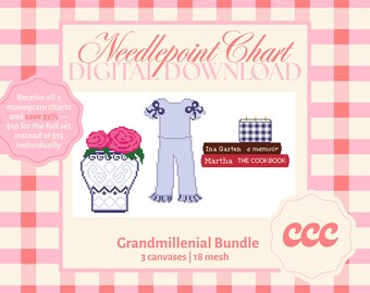 Grandmillennial Needlepoint Pattern Bundle – Ruffle Pajamas, Ginger Jar, Cookbook Stack (Digital Download)