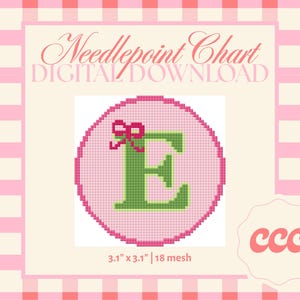 May include: A digital needlepoint chart featuring a pink circle with a green letter "E" and a pink bow. The chart is 3.1" x 3.1" and has 18 mesh. The background is a light pink and white gingham pattern.