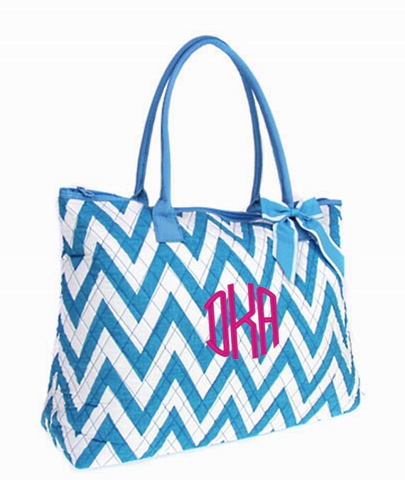 Items similar to Personalized Quilted Chevron Tote Bag Aqua Zig Zag