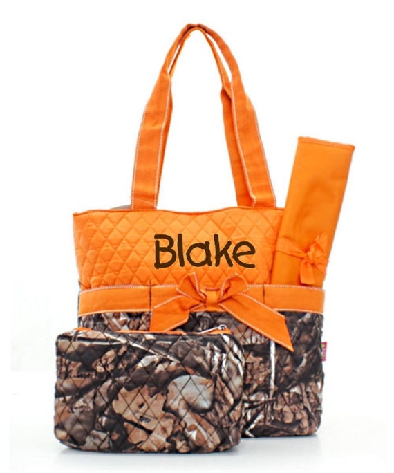 Items similar to Personalized Diaper Bag Set Camo and Orange Quilted