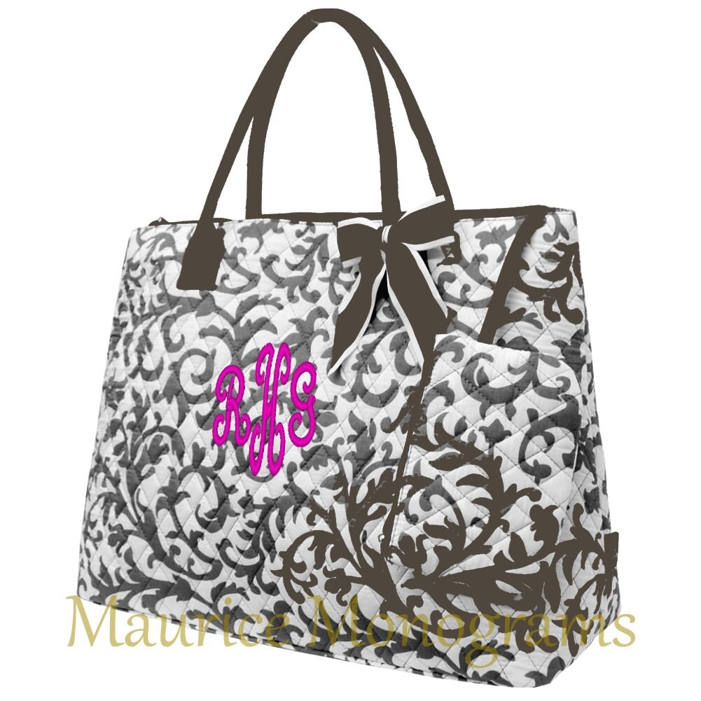 Personalized Tote Bag Quilted Gray and White Damask Etsy