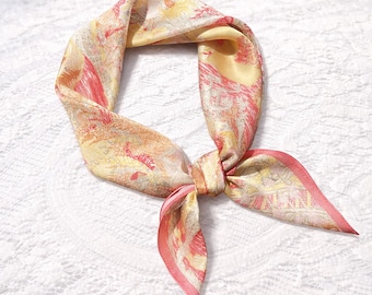 100% Mulberry Silk Vintage Style Silk Scarf with Gold Letters | Coral Floral Square Scarf | Elegant Lightweight Fashion Scarf| 26" × 26"