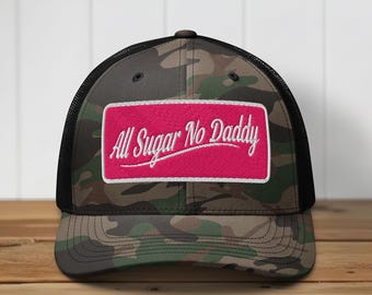All Sugar No Daddy Embroidered Camo Trucker Hat, White on Pink Valentine’s Gift Edition