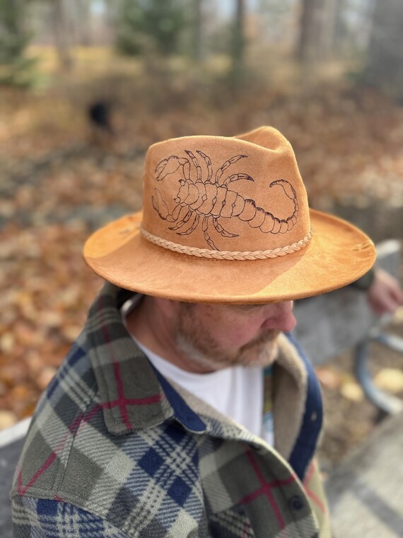 Vegan Suede Hand-Burned Fedora Hand Burned Green Vegan Suede Wide Brim Hat: Leafy Design - Etsy main image 4