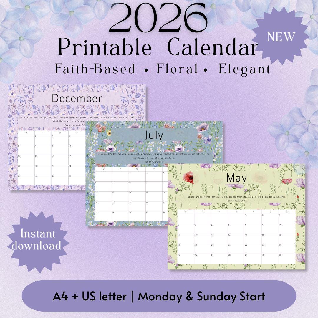 Printable Floral Bible Verse Calendar 2026 | Digital Download | Monthly ...