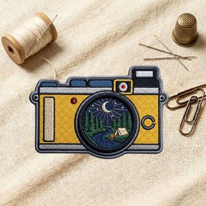 Retro Camera Night Camping Nature Scene Embroidered Patch, Iron on, Sew on, Hook and Loop
