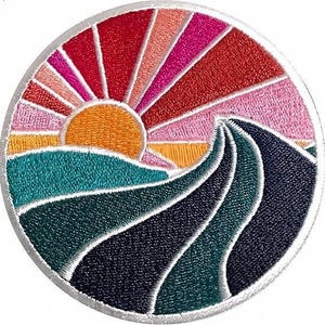 May include: Embroidered patch featuring a colorful sunset over stylized waves. The sun is orange, with red, pink, and peach rays. The waves are teal, navy, and black, all outlined in white.
