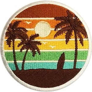 May include: Embroidered patch featuring a tropical sunset scene. The design includes palm trees, a surfboard, and seagulls against a backdrop of orange, yellow, green, and blue horizontal stripes. The patch has a white border.
