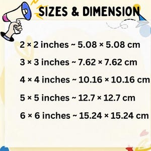 Pu&ograve; includere: Immagine con il testo "SIZES & DIMENSION" e dettagli delle dimensioni. Le dimensioni variano da 5,08 x 5,08 cm a 15,24 x 15,24 cm. Una grafica di megafono &egrave; nell'angolo in alto a sinistra.