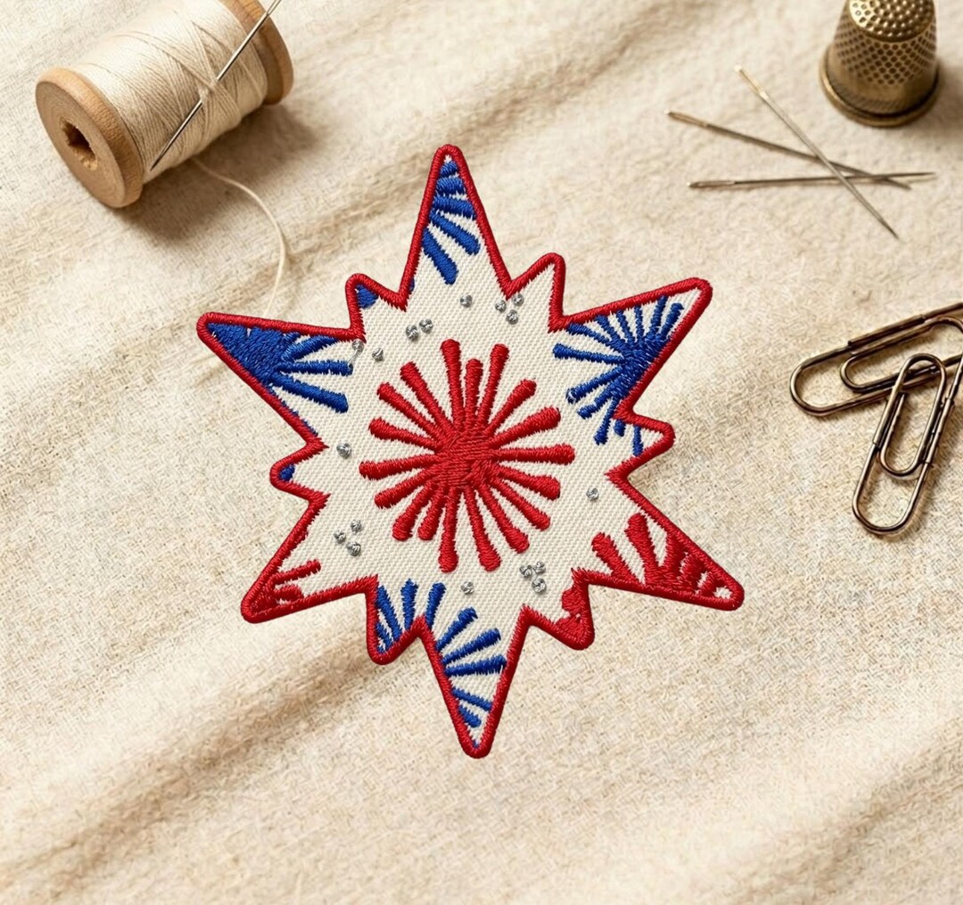 Patriotic Red White Blue Firework Star Patch, Iron On, Sew On, Hook and ...