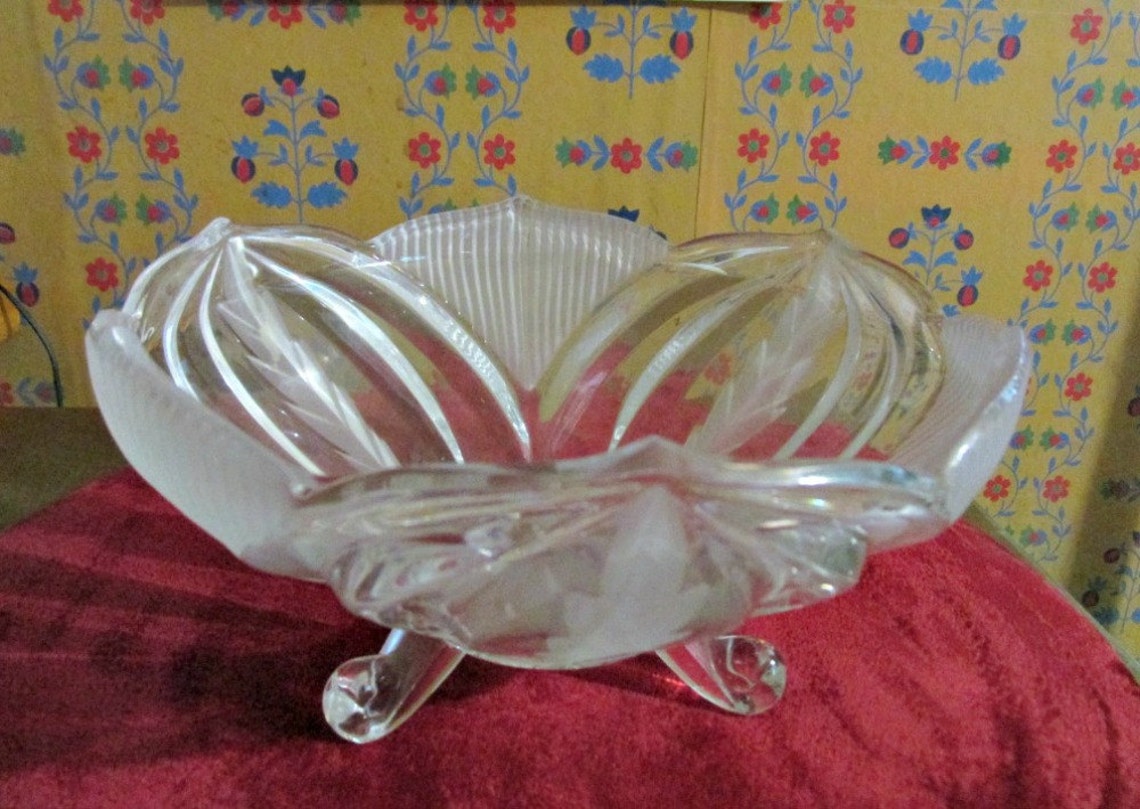 Retro Cut Glass Candy Dish Footed Bowl Etched Candy Dish Etsy