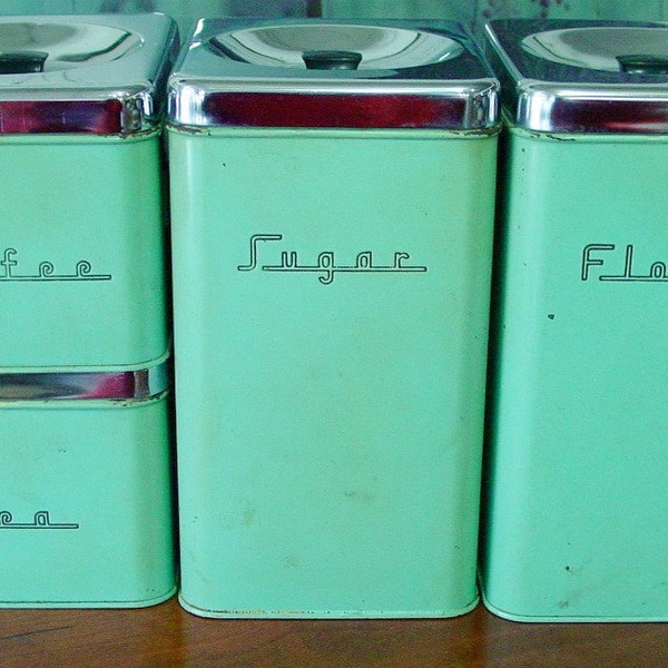 Retro Mid Century Canister Set 4 Pieces Green with Chrome Lids  1950s