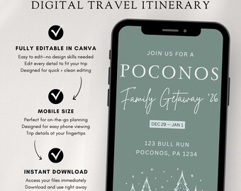 ポコノス旅行の冬の旅程テンプレート モバイル旅行プランナー 週末家族旅行（Canvaで編集可能）