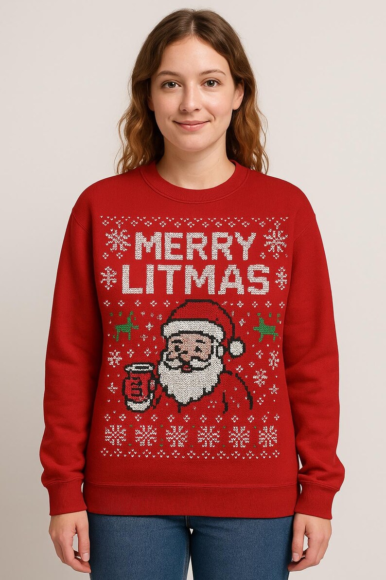 May include: Red sweatshirt with a festive design. The text "MERRY LITMAS" is displayed in white, with snowflake and star accents. A cartoon Santa Claus holding a mug is featured below the text. A fun, holiday-themed garment.