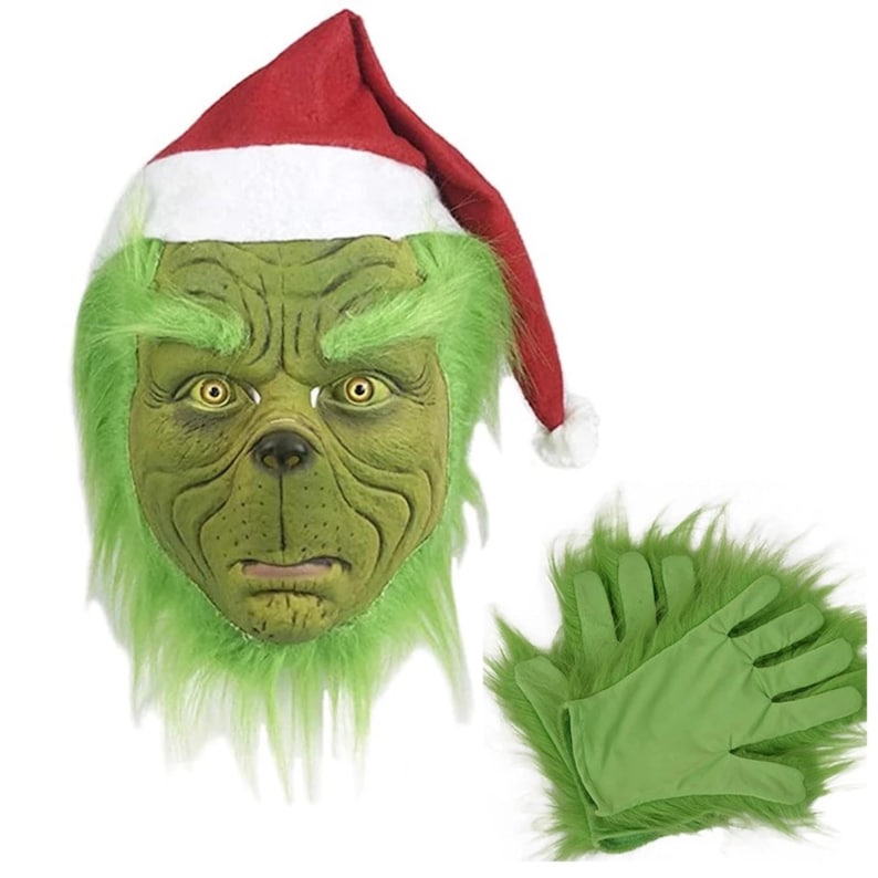 Grinch Adult Santa Costume Set | Funny Green Furry Christmas Cosplay Outfit for Men & Women Mask & Gloves A