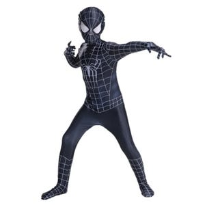 May include: A black Spider-Man costume with white web detailing and a large spider emblem on the chest. The full-body suit includes a mask with white eye coverings. The costume is designed to resemble the character's appearance.
