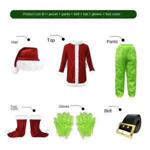 Grinch Adult Santa Costume Set | Funny Green Furry Christmas Cosplay Outfit for Men & Women 6 pcs set