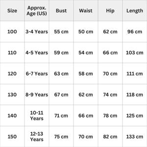 May include: A size chart for children's clothing, displaying measurements in centimeters. The chart includes sizes 100 to 150, with corresponding age ranges from 3-4 years to 12-13 years. Measurements include bust, waist, hip, and length.