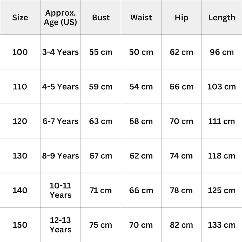 May include: A size chart for children's clothing, displaying measurements in centimeters. The chart includes sizes 100 to 150, with corresponding age ranges from 3-4 years to 12-13 years. Measurements include bust, waist, hip, and length.