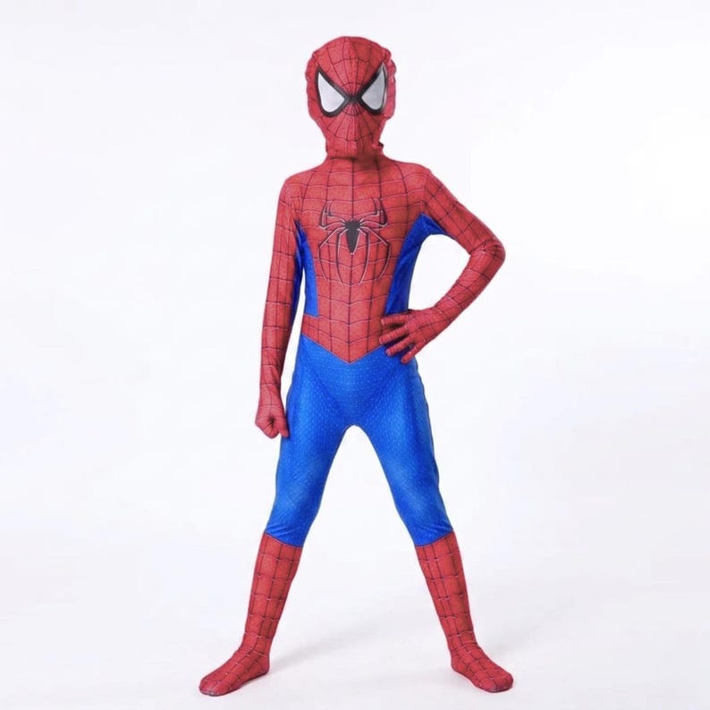 May include: A full-body Spider-Man costume in red and blue. The costume features a red mask with white eye shapes, a red torso with a black spider emblem, and blue legs. The suit is form-fitting and appears to be made of a stretchy material.