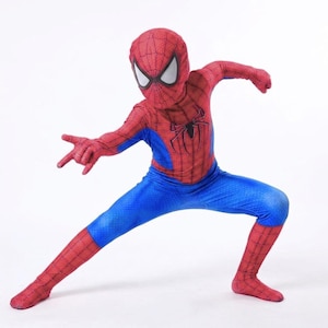 May include: A red and blue Spider-Man costume. The costume features a red mask with white eye shapes, a red torso with a black spider emblem, and blue pants. The costume is designed to resemble the superhero Spider-Man.