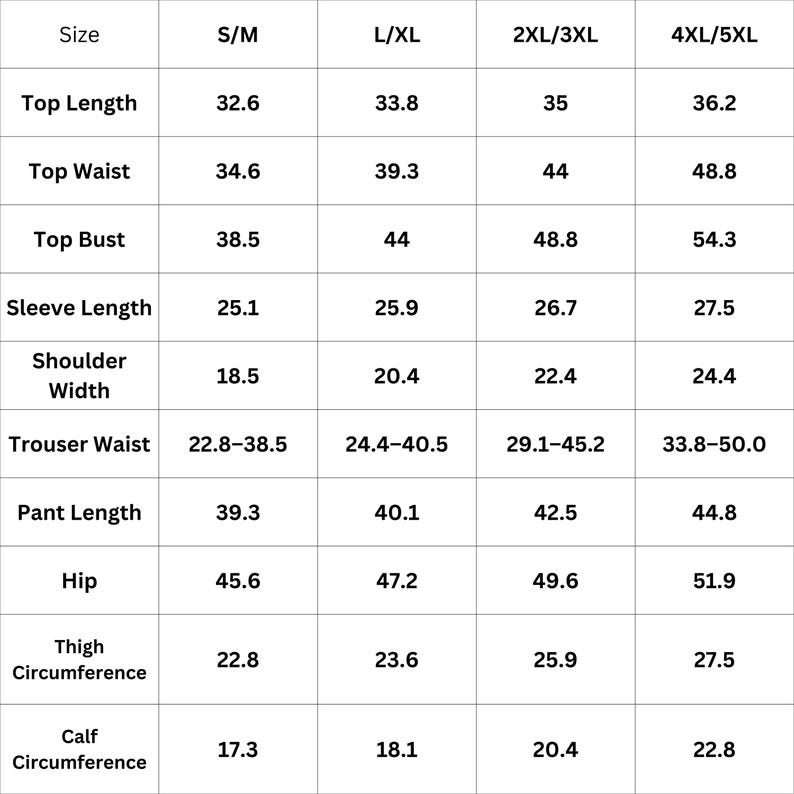 May include: A white table showing a clothing size chart. Measurements are given for top length, waist, bust, sleeve length, shoulder width, trouser waist, pant length, hip, thigh circumference, and calf circumference, with sizes from S/M to 4XL/5XL.